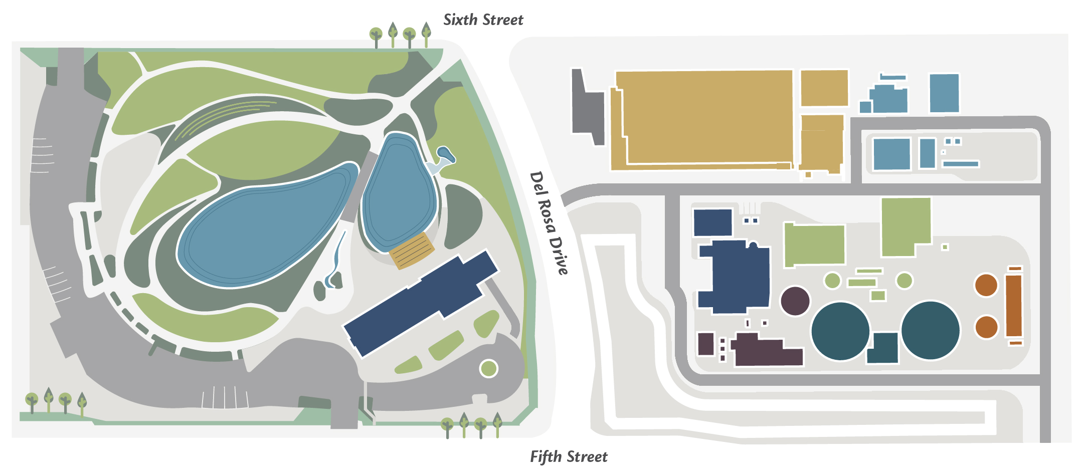 Simplified diagram showing that the SNRC Administrative Center is north of 5th street and west of Del Rosa, and that the SNRC Treatment Facility is north of 5th street and east of Del Rosa