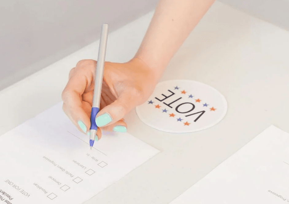 Depiction of a ballot being filled out