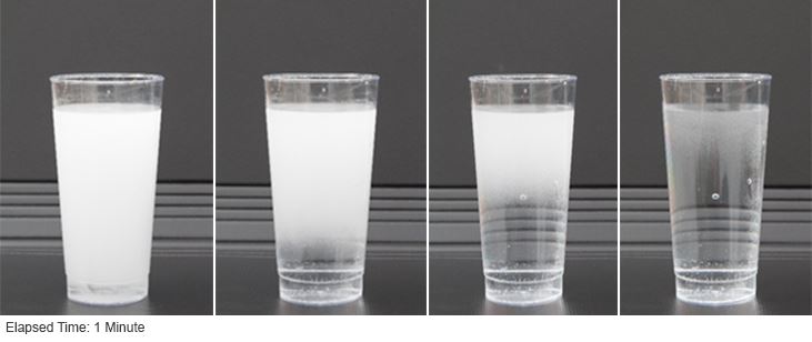 "Elapsed Time: 1 Minute" Four pictures of a glass of water showing cloudiness in the water dissipating towards the top. 